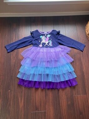 Unicorn Dress Ruffle Skirt Long Sleeves Blue Purple Size 5-6Y